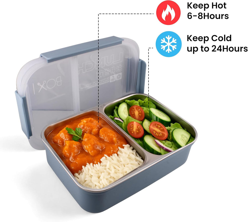 Stainless Steel Bento Lunch Box with 2 Compartments - Insulated, Leak Proof Bento Box for Kids, Adults Airtight Tiffin Lunchbox for Office, School (BLUE)
