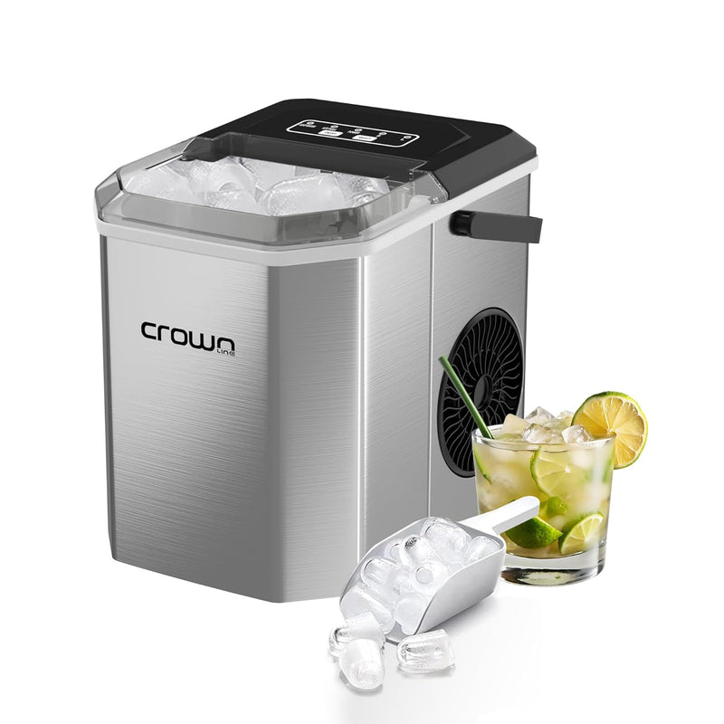 Crownline Portable Ice Maker, 12kg/Day, 1.3L Water Tank, Transparent Lid, Ice Basket, 2 Cube Sizes (S/L), Fast Ice Production – Perfect for Home, Office & Parties | IM-411