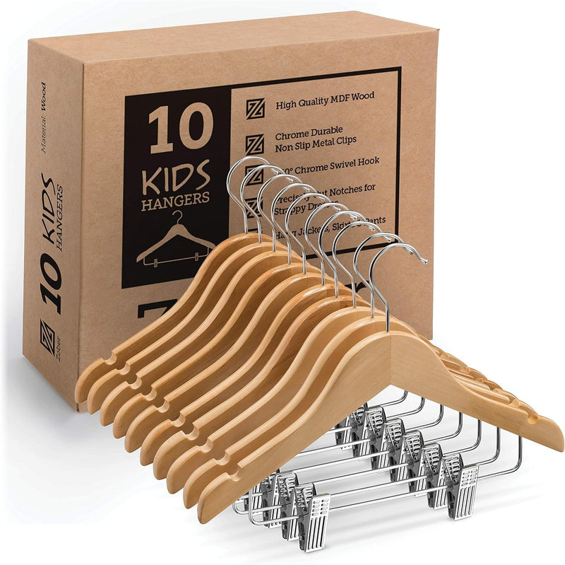 High-Grade Wooden Childrens/Kids Hangers with Clips (10 Pack) Smooth & Durable Wood Baby Hangers/Nursery Hangers 360° Hook & Cut Notches- Great Toddler Hanger for Dress Skirts Pants (WHITE, 10 PACK)
