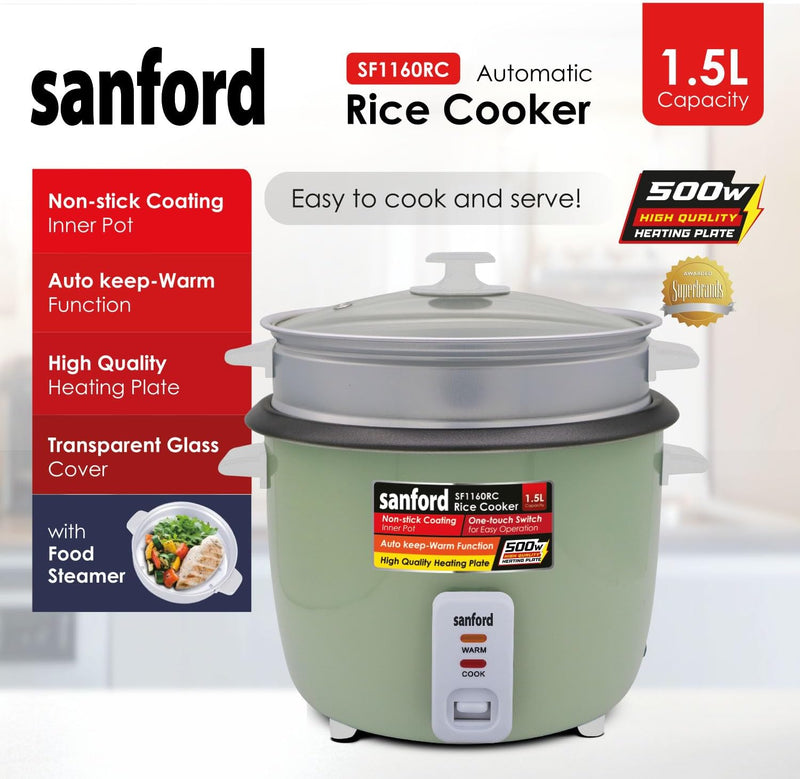 Sanford 1.5L Automatic Rice Cooker with Steamer & Keep Warm | 500W Power | Non-Stick Pot| (GREEN)