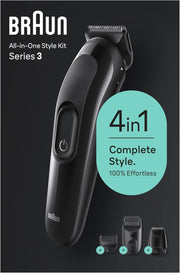 Braun All-In-One Style Kit Series 3 SK3400, 4-in1 Face & Head Trimming Kit, Ultra Sharp Blade, Rechargeable 50 Mins Cordless Runtime - Black