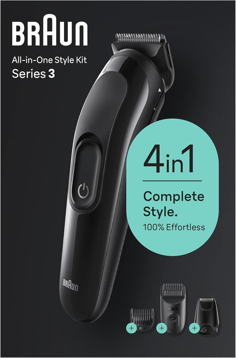 Braun All-In-One Style Kit Series 3 SK3400, 4-in1 Face & Head Trimming Kit, Ultra Sharp Blade, Rechargeable 50 Mins Cordless Runtime - Black