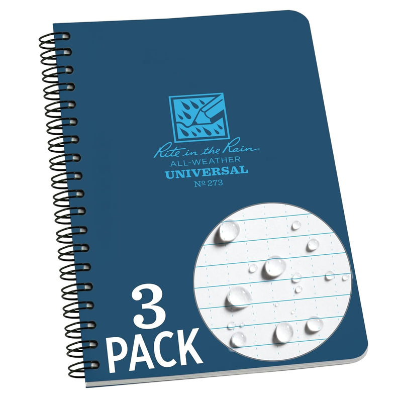 Rite in the Rain Weatherproof Side Spiral Notebook, 4.875" x 17.8 cm, Blue Cover, Universal Pattern (No. 273)", 1 pack - Pack Of 3 Blue