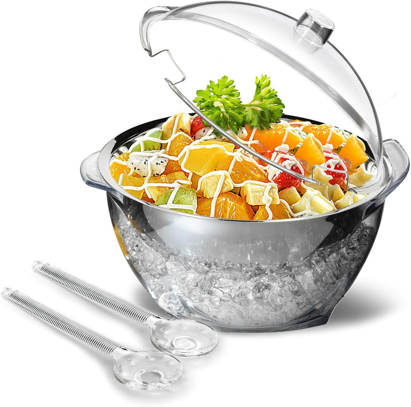 MEHOEIME Large Ice Chill Salad Bowl with Lid, Iced Serving Bowl with Ice Chiller Base For Parties, Keep Food Cold at Party, Ice Chilled Tray, Long Spoons, Extra, Clear
