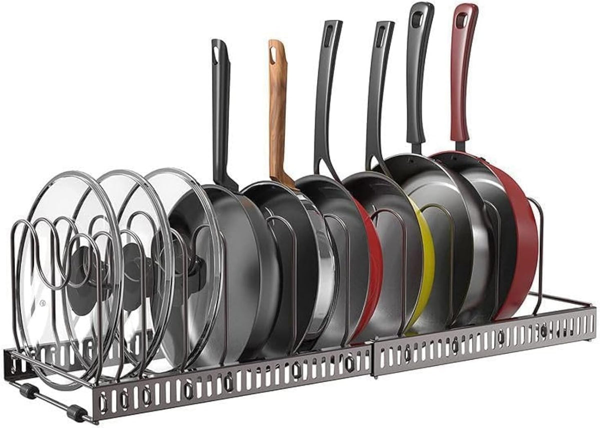 SKY-TOUCH Pot and Pan Organizers Rack : Expandable Pot Lid Organizer Holder with 10 Adjustable Compartment Cookware Plate Rack for Kitchen Cabinet Black – image 1