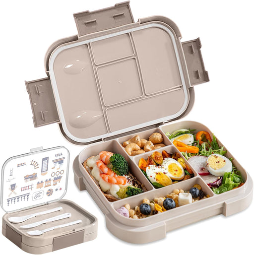 Lunch Box for Kids5-Compartment 1000ML Bento Box, Microwave Safe Leakproof Lunch Container for School,Picnics (Beige) - Beige