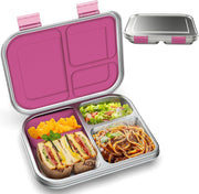 Bento Lunch Box for Kids: Leak-Resistant 304 Stainless Steel Lunch Boxs - 3-Compartments with Silicone Container - Bento Box for Ages 4-16 - for School, Picnics & Office (Pink) - Pink