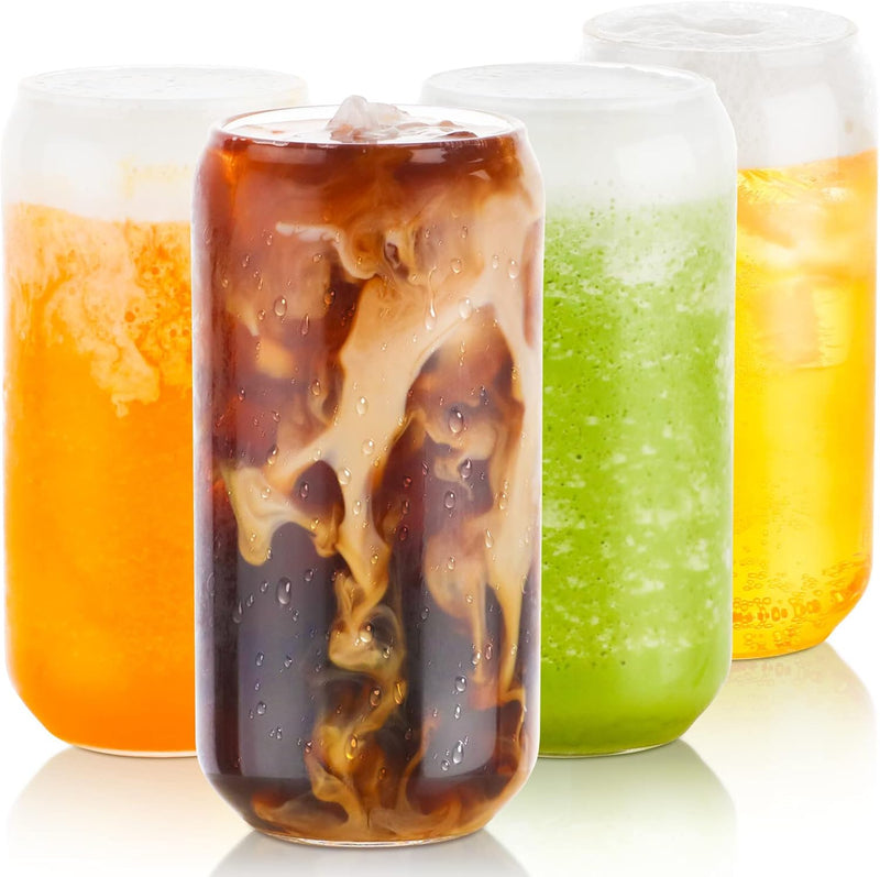BEWAVE Drinking Glass Set of 4, 500ml Can Shaped Glasses Cups, Iced Coffee Glasses, Beer Tumbler, for Whiskey, Soda, Tea, Juice, Gift, with Lid, Straw and Sleeve