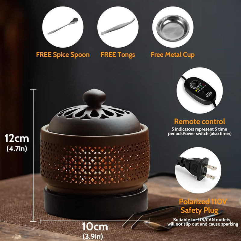 Ceramic Electric Incense Burner, Electronic Aroma Diffuser with Timing Temperature Adjustment and Cover, Resin Frankincense Burner, Used for Indoor Air Purification/Home Decoration/Meditation