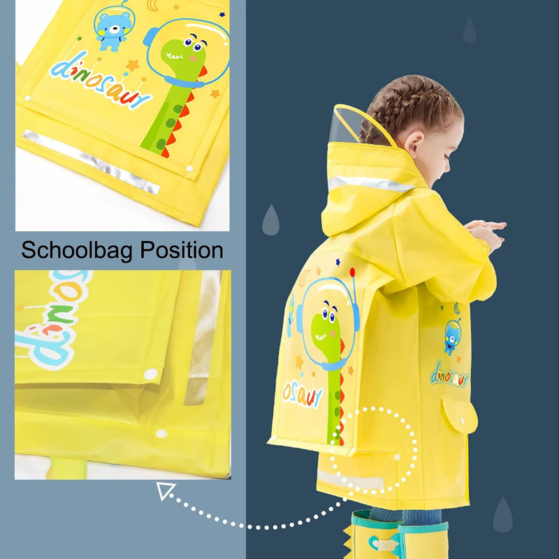 Kids Raincoat, Waterproof Rain Jacket For Girls And Boys, Cartoon Dinosaur All Rainwear, Lightweight Allren Poncho With Hood, Yellow, Size L For 5-6 Years