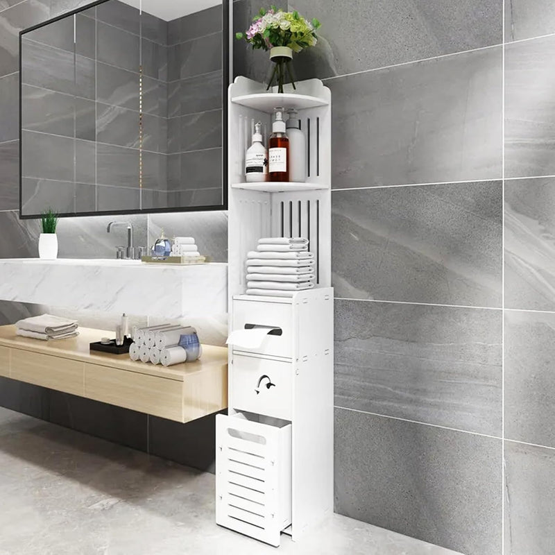 VAODO Bathroom Multi-Level Corner Cabinet, Standing Freestanding Bathroom Storage Cupboard,Bathroom Toilet Paper Holder, Organize Shelf, with Trash Can, Small（90cm Tall, Trash Can）