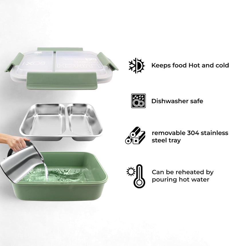 Stainless Steel 2 Compartments Bento Lunchbox with Removable Inner Tray - Leak Proof Bento Box for Kids, Adults - Tiffin Box for Office, School (GREEN)