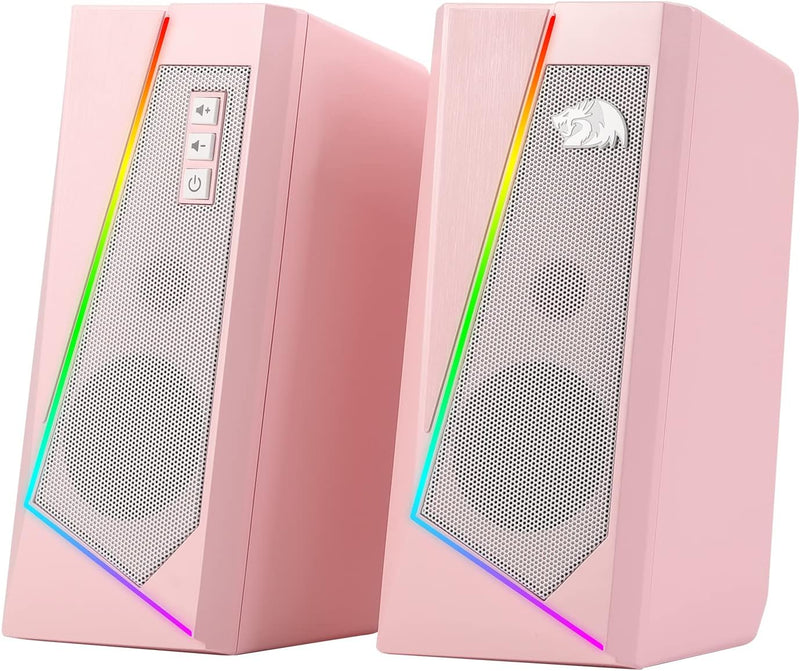 Redragon GS520 RGB Desktop Speakers, 2.0 Channel PC Computer Stereo Speaker with 6 Colorful LED Modes, Enhanced Sound and Easy-Access Volume Control, USB Powered w/ 3.5mm Cable, White - Pink