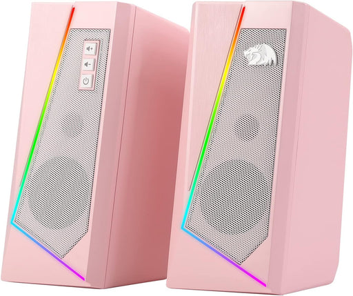 Redragon GS520 RGB Desktop Speakers, 2.0 Channel PC Computer Stereo Speaker with 6 Colorful LED Modes, Enhanced Sound and Easy-Access Volume Control, USB Powered w/ 3.5mm Cable, White - Pink