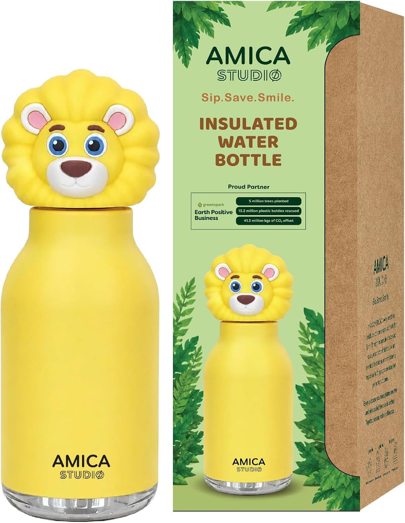 Kids Water Bottle 460ml Insulated Stainless Steel - AMICA STUDIO (Yellow) - Braze the Lion
