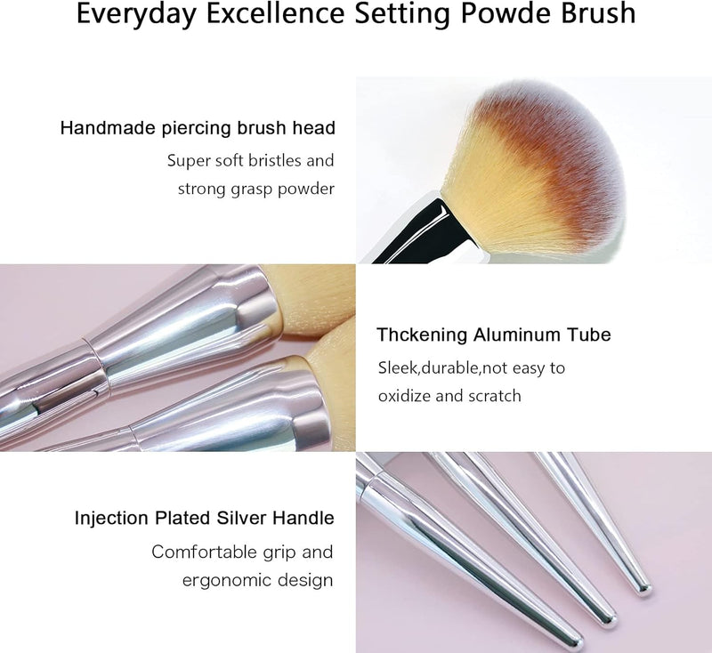 Powder Brush Large Foundation Brush, Pressed Powder Fluffy Kabuki Makeup Brushes Perfect For Buffing,Stippling,Blending Liquid,Cream and Flawless Setting Powder Contour Face Brush(1PCS,SILVER)