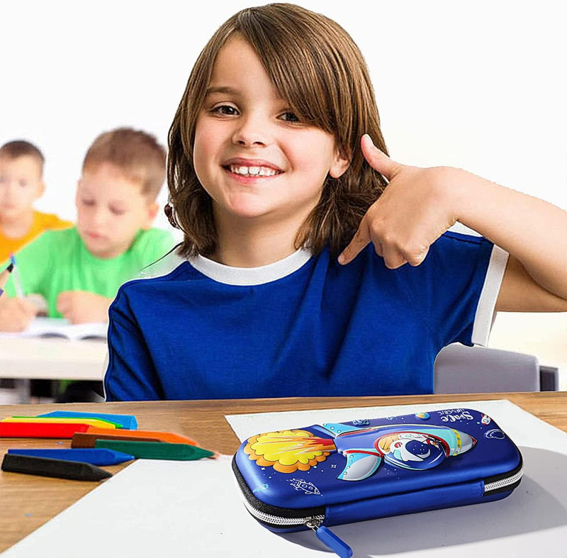 Pencil Case for Boys, 3D EVA Cartoon Space Storage Pouch Pen Holder, Pencil Case with Compartments for School Kids, Large-Capacity Storage Box, Children's Student Stationery Gift Box, Spaceship Blue