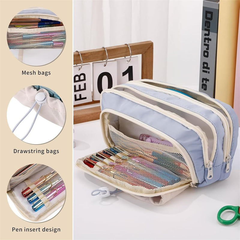 Large Capacity Pencil Case, 4 Compartment Pen Bag, Cute Stationary Organizer for School and Office, Ideal for Teen Girls and Boys, Blue