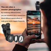 3 in 1 Phone Camera Lens Kit with 160 Degree Fisheye and Macro Lenses for Mobile Photography, Universal Clip-on Design compatible with iPhone, fits Samsung, and for Huawei Smartphones, Black