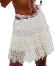 Women Y2K Black White Lace Mini Skirt Low Rise Half Slip Underskirt Ruffle Pleated Layered Flowy Short Skirts - A White