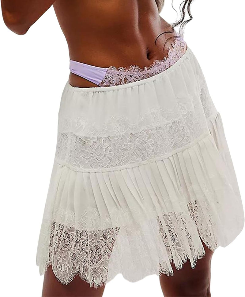Women Y2K Black White Lace Mini Skirt Low Rise Half Slip Underskirt Ruffle Pleated Layered Flowy Short Skirts - A White