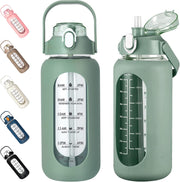 64oz Glass Water Bottles with Straw, Half Gallon Motivational Glass Bottle with Silicone Sleeve and Time Marker, 2L Leakproof Large Glass Water Jug for Gym Home Office,Black - 64 Ounces Olive