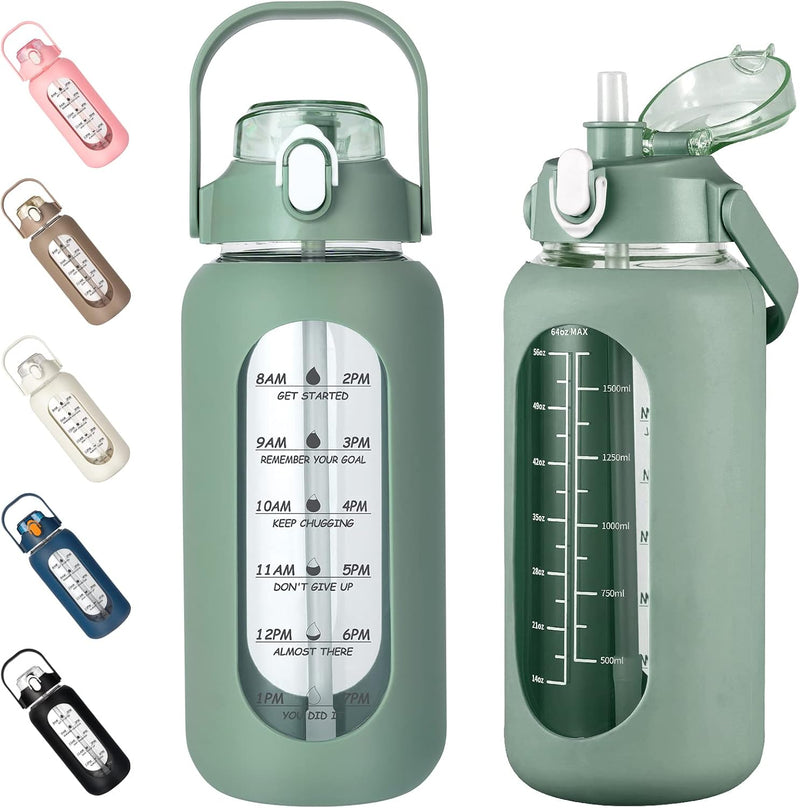 64oz Glass Water Bottles with Straw, Half Gallon Motivational Glass Bottle with Silicone Sleeve and Time Marker, 2L Leakproof Large Glass Water Jug for Gym Home Office,Black - 64 Ounces Olive
