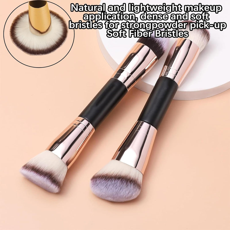 Zbzoalp 2 Pcs Double-Ended Makeup Brushes Foundation Brush, Concealer Brush, Slanted Contour Brush, Flawless, Professional Face,Premium Luxe, for Liquid Cream(Rose Gold)