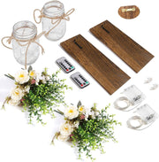 Mumoo Bear Rustic Wall Sconces Mason Jar Handmade Art Hanging Design with Remote Control LED Fairy Lights and White Peony,Farmhouse Kitchen Decorations Living Room Set of Two