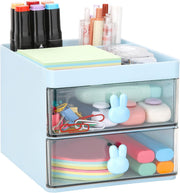 LETURE Small Desk Organizer With Drawer, Office Desktop Storage Box, Business Card/Pen/Pencil/Mobile Phone/Stationery Holder Storage Box, Makeup Organizer for Office School Home (Pink) - Blue