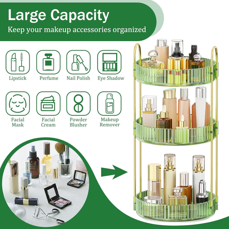 MOKANI 360 Rotating Makeup Organizer for Vanity, 3 Tier Adjustable Perfume Organizer for Dresser, Multi-Function Spinning Cosmetics Skincare Storage for Bedroom, Dresser, Countertop, Clear