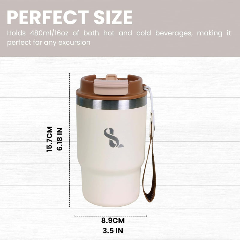 SimplyLivin. Premium Tumbler with Lid and Straw | 480ml (16oz) | Hot and Cold Drinks | Leak Proof | Travel Mug | Coffee Cup | Double Wall Stainless Steel | Unique Packaging for Gifts | Classic Beige