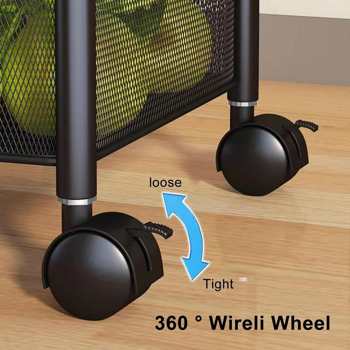 SKY-TOUCH 5 Tier Kitchen Storage Shelf, Rotatable Fruit Vegetable Basket, Circular Rotating Basket Large Storage Rack with 4 Movable Wheels – image 5