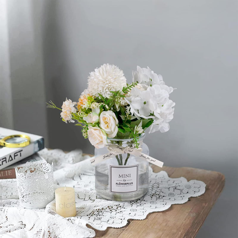 UCHUANG Fake Flowers with Vase, Artificial Roses Bouquet in Vase, Centerpiece Table Decorations for Coffee Table, Living Room, Dining Table, Office, Kitchen, Home Room Decor(White, with Glass Vase)