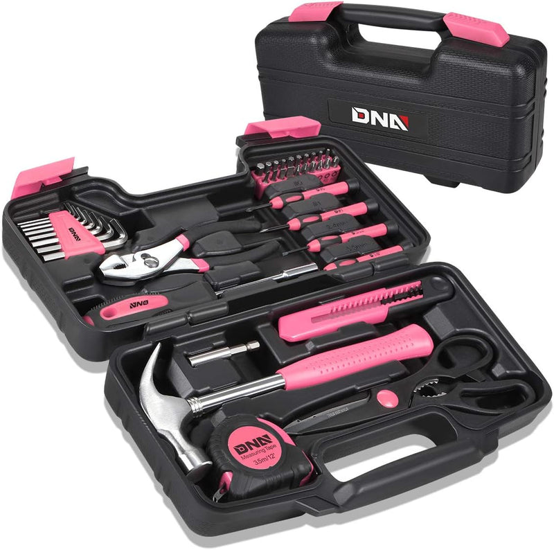 DNA MOTORING 39-Piece Household Tool Set General Repair Small Hand Tool Kit Storage Case for Home Garage Office College Dormitory Use, Green, TOOLS-00010 - Pink Home Tool Kit