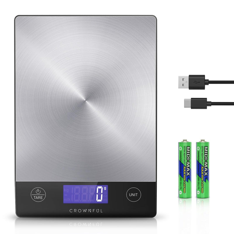 CROWNFUL 15Kg Food Scale, Rechargeable 304 Stainless Steel Digital Kitchen Scale Grams and Ounces with LCD Display and Type-C Charging for Baking and Cooking