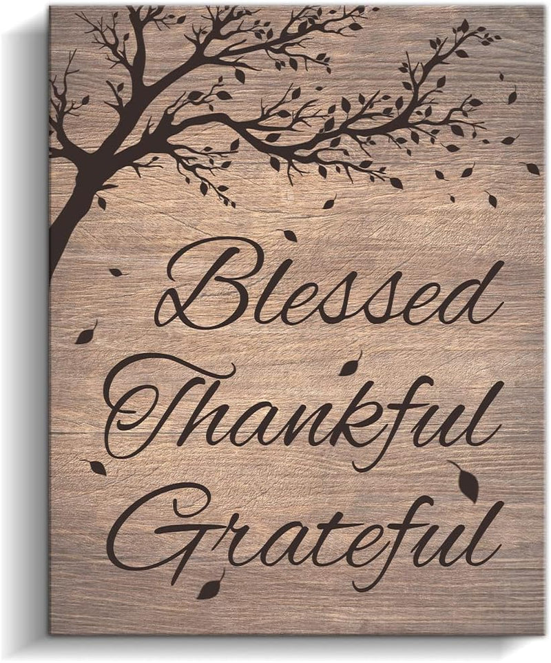 Kas Home Thankful Grateful Blessed Wall Decor Canvas Inspirational Quote Sign Farmhouse Rustic Wall Art Positive Word Hanging Decoration for Bedroom Living Room Kitchen Framed Plaque (10.6 x 13.7