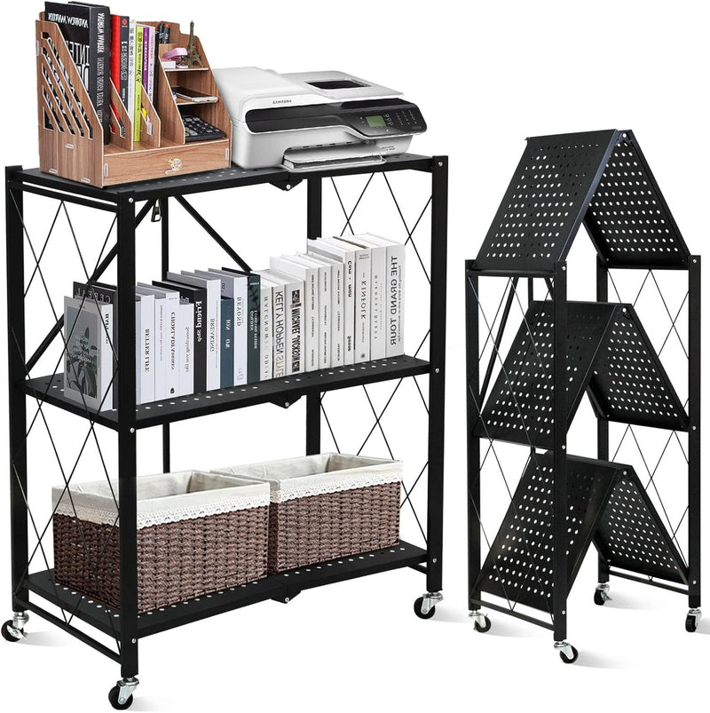 SKY-TOUCH Foldable Storage Organizer 4 Tier, Storage Shelves Kitchen Cabinet Storage Rack, Shelf Storage Multipurpose Rack for Living Room Bedroom Kitchen Garage Black - Black 3-shelf