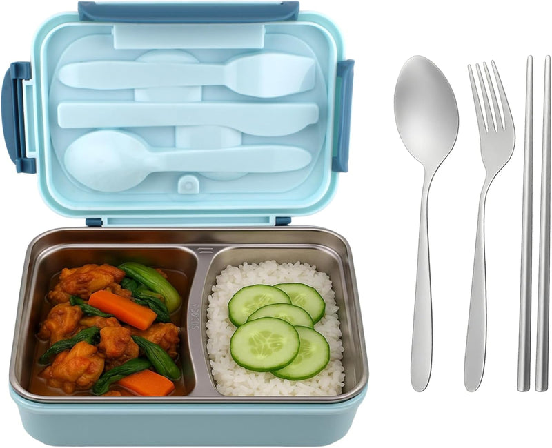 Stainless Steel Lunch Box for Kids, Adults Leakproof Bento Lunch Box with Steel Cutlery Insulated BPA Free Lunchbox with Partition, 1200ml Kids Bento Box for School, Office (Pink) - Blue