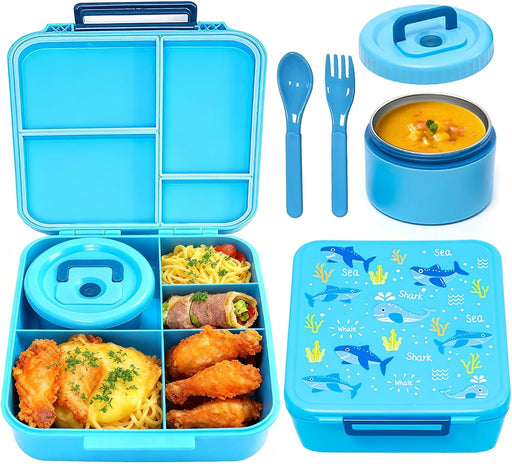 Bento Lunch Box, LunchBox 4 Compartments, Leak-Proof Lunch Container, PFAS&BPA-Free Microwave Safe, BLYPHOO Bento Box with Soup Bowl(Blue)