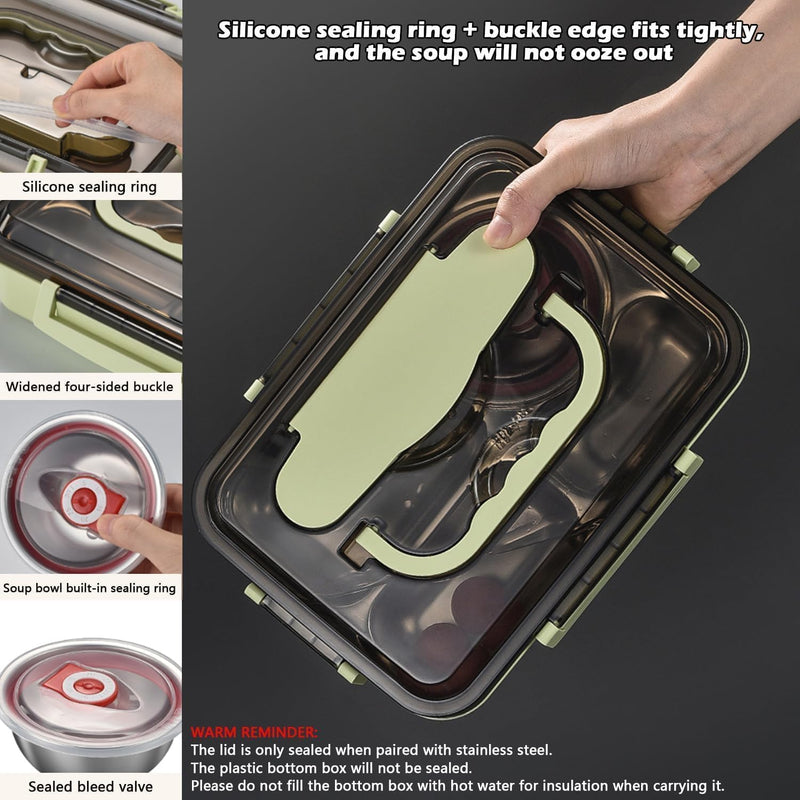 Stainless Steel Bento Box 5 Compartments Lunch Box for Kids Leak Proof Food Container for Microwave Dishwasher Safe (Green)