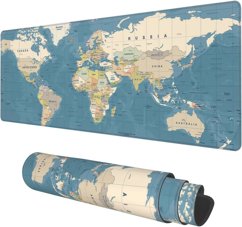 Desk Mat, Field Landscape Oil Painting Extended Gaming Mouse Pad Large, 31.5"x11.8" Big Mouse Pad with Non-Slip Base and Stitched Edge, Long Computer Keyboard Mouse Mat for Home Office Work - 30 x 80 Ø³Ù Blue Vintage World Map