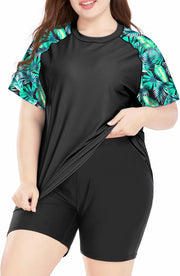 Women's Plus Size 2 Piece Rash Guard Short Sleeve Swimsuit with Boyshorts Swim Shirt UPF 50+ - Floral 2