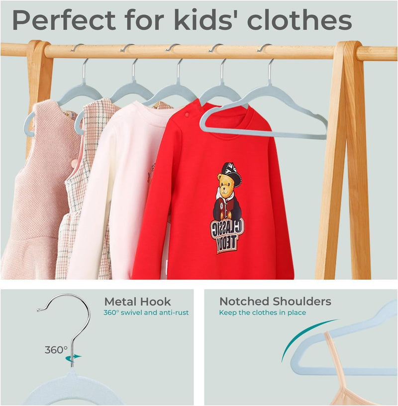 ManGotree 10 Pack 14 Inch Premium Kids Velvet Hangers for Closet, Ultra-Thin Children's Clothes Hangers with 360° Swivel Hook, Sturdy Non-Slip Felt Kids Hangers for Youth (Black)