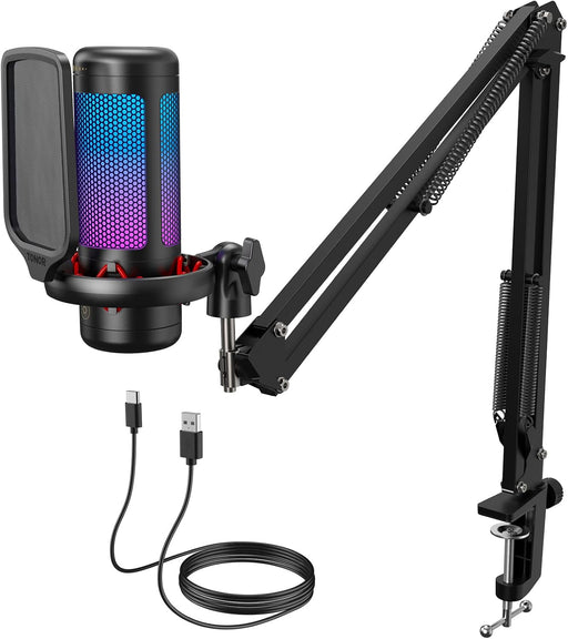 TONOR Micro PC Gaming RGB, USB Microphone Condenser Professional Mic with Arm Support for Streaming, Recording, YouTube Discord Gaming, Voice-over for Computer Laptop Mac TC310+, Black - TC310+