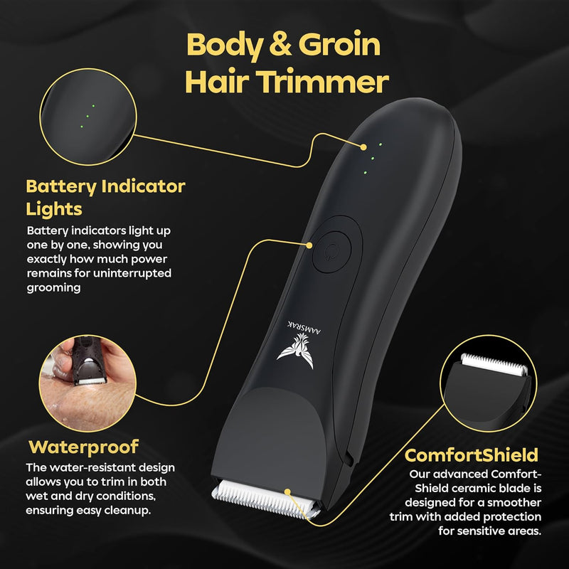 AAMSRAK® Grooming Hair Trimmer | Waterproof, Skin safe | Zero Gapped, Beard Trimmer For Men | Nose, Ear, Body, Balls, Trimmer Cordless, Electric Shaver, Long Battery, Including 2X Guided Combs
