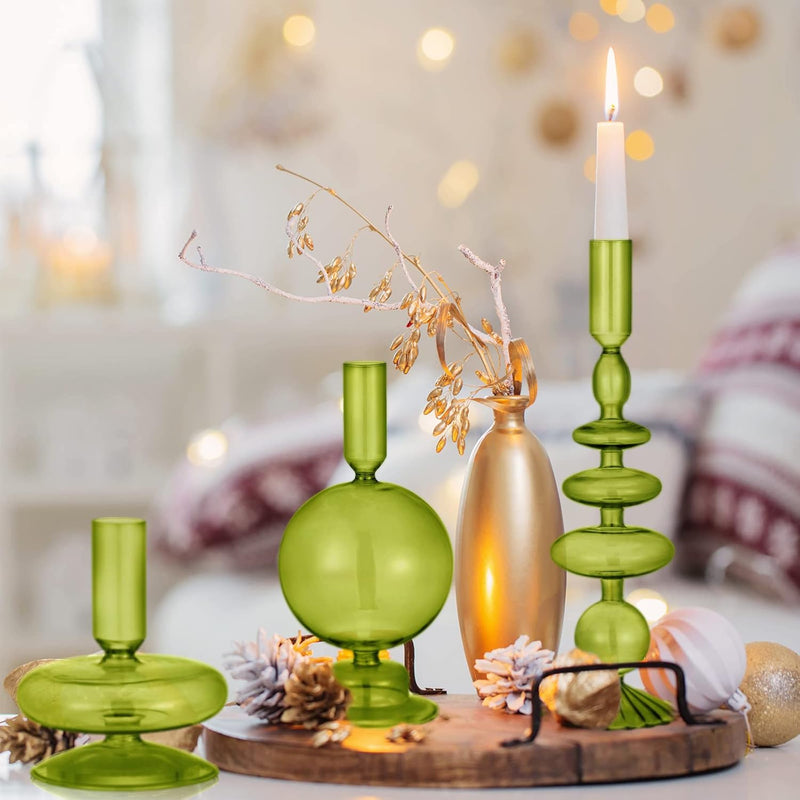 Rtteri 3 Pcs Glass Candlestick Holders Glass Taper Candle Holders Groovy Candlestick Wavy Glass Candlestick Holders Elegant Glass Candlestick Glass Vases for Home Party Centerpiece (Green)
