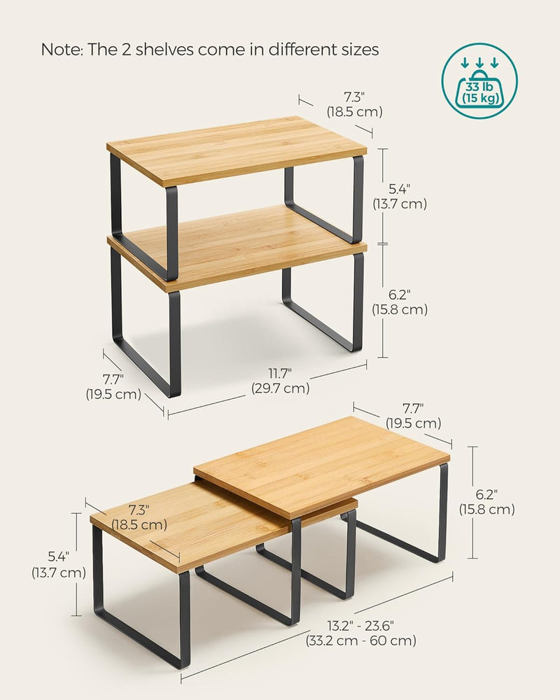 SONGMICS Cabinet Organizer Shelf, Set of 2 Kitchen Counter Shelves, Stackable, Expandable, Metal and Engineered Wood, Black and Natural UKCS02NB - 29.7 cm W Black + Natural