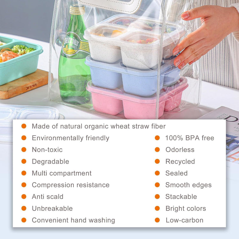 Bento Box for Kids, 4 Pack 3-Compartment Reusable Meal Prep Containers, Food Storage with Lids, Stackable Snack Boxes for School, Work, Travel, Microwave Dishwasher Safe (4 Pcs)