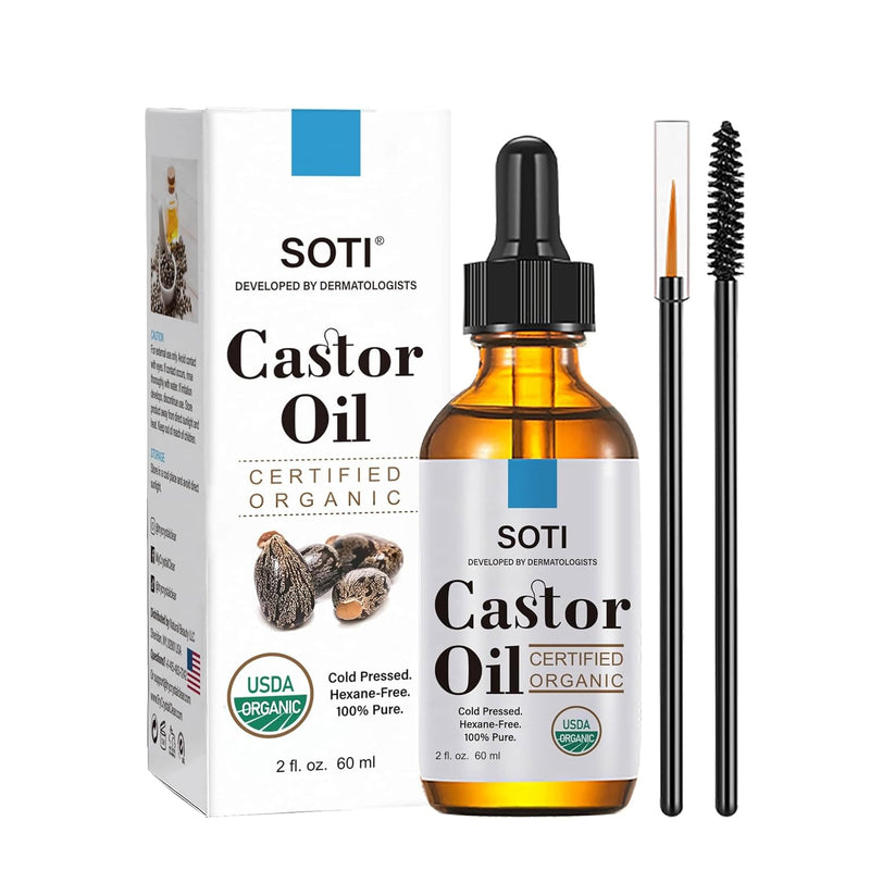 Castor Oil (2oz), USDA Certified Organic, 100% Pure, Cold Pressed, Hexane Free by Soti. Stimulate Growth for Eyelashes, Eyebrows, Hair, Skin Moisturizer